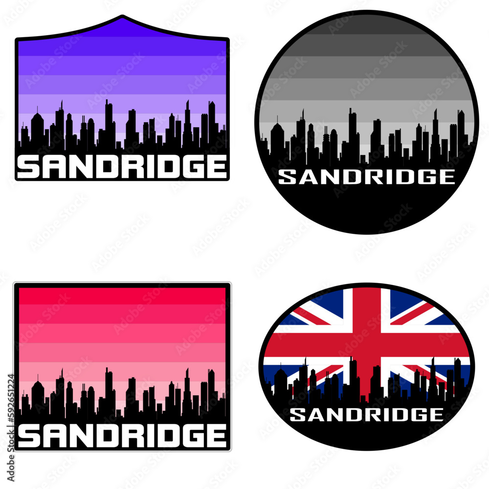 Sandridge Skyline Silhouette Uk Flag Travel Souvenir Sticker Sunset Background Vector Illustration SVG EPS AI
