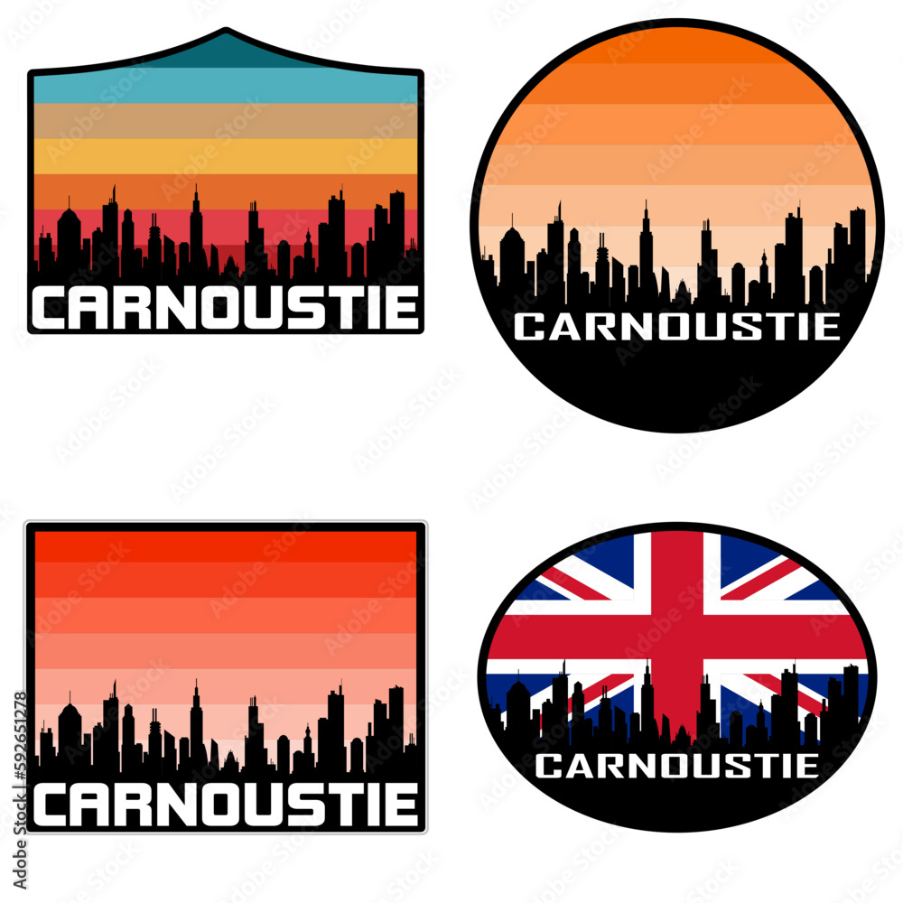 Carnoustie Skyline Silhouette Uk Flag Travel Souvenir Sticker Sunset Background Vector Illustration SVG EPS AI