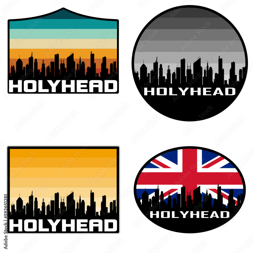 Holyhead Skyline Silhouette Uk Flag Travel Souvenir Sticker Sunset Background Vector Illustration SVG EPS AI