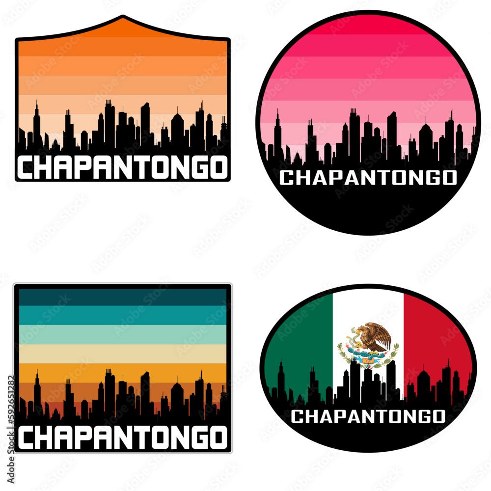 Chapantongo Skyline Silhouette Mexico Flag Travel Souvenir Sticker Sunset Background Vector Illustration SVG EPS AI