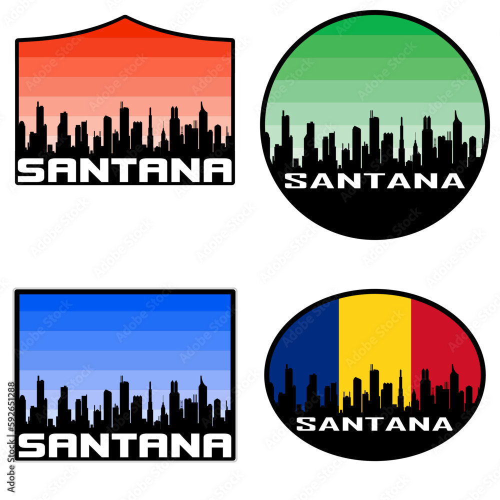 Santana Skyline Silhouette Romania Flag Travel Souvenir Sticker Sunset Background Vector Illustration SVG EPS AI