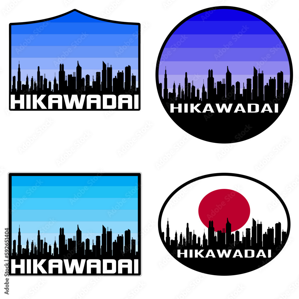 Hikawadai Skyline Silhouette Japan Flag Travel Souvenir Sticker Sunset Background Vector Illustration SVG EPS AI