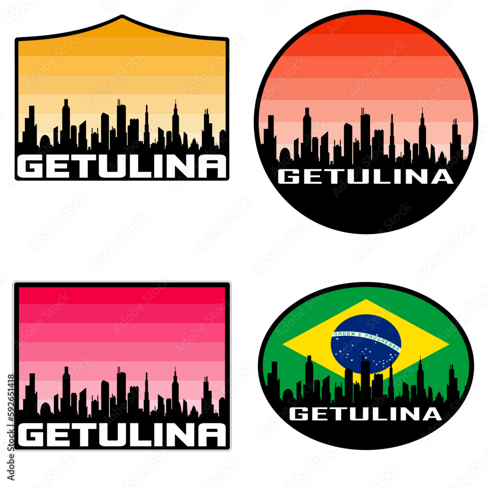 Getulina Skyline Silhouette Brazil Flag Travel Souvenir Sticker Sunset Background Vector Illustration SVG EPS AI