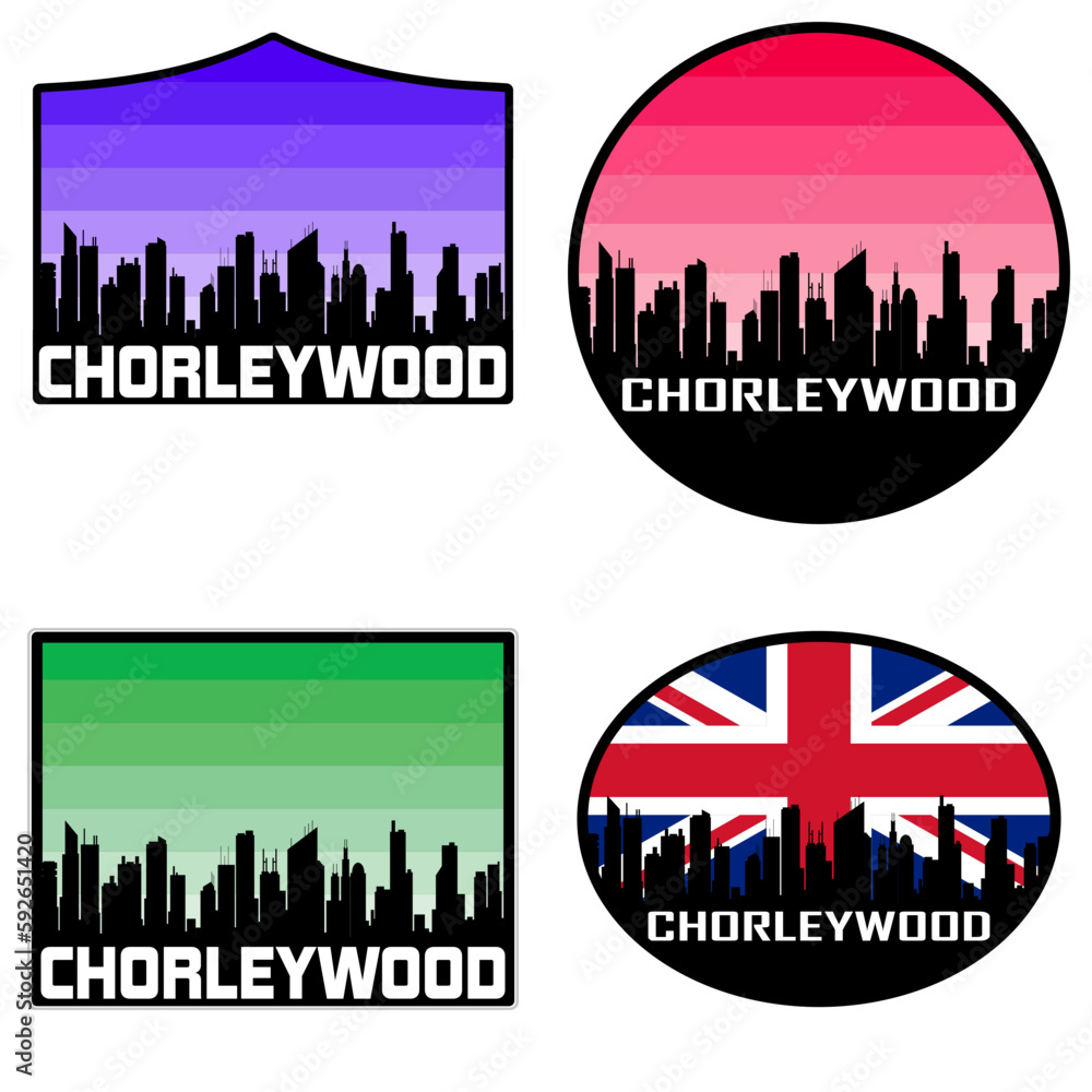 Chorleywood Skyline Silhouette Uk Flag Travel Souvenir Sticker Sunset Background Vector Illustration SVG EPS AI