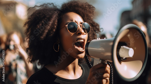 Black woman people of color shouting into megaphone, demonstration, democracy, human rights, festival, generative AI