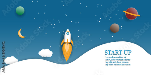 Rocket launch to sky above clouds on blue background , Space ship flying to galaxy with planet star ,Flat style vector illustration,Business new project start up strategy Concept 