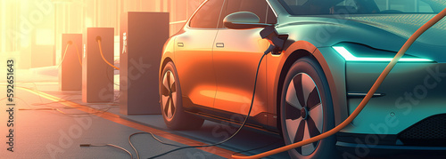 electric car connected to the charging station, orange tint. Generative Ai © PETR BABKIN