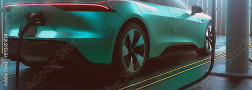 close-up of a car in a garage, turquoise color. Generative Ai © PETR BABKIN