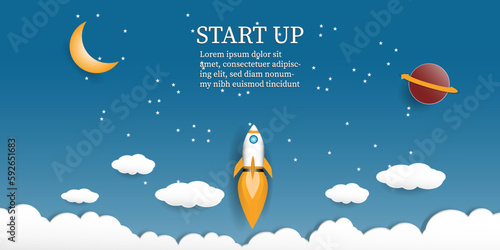 Rocket launch to sky above clouds on blue background , Space ship flying to galaxy with planet star ,Flat style vector illustration,Business new project start up strategy Concept 