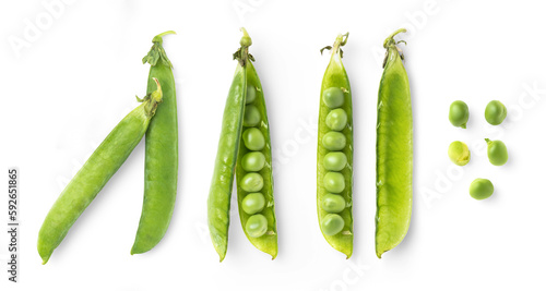 set / collection of fresh green peas, pods, split and loose, isolated over a transparent background, vegetable / food design elements