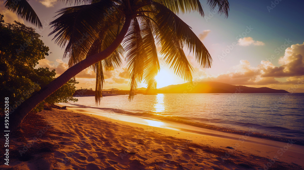 a pair of palm trees sitting on top of a sandy beach, beach at sunset, source, warm shading, Caribbean. Generative Ai