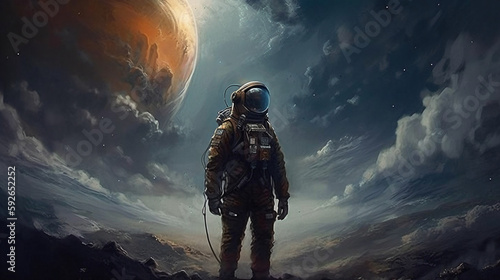 A lonely astronaut in the vastness of space, gazing at the distant stars