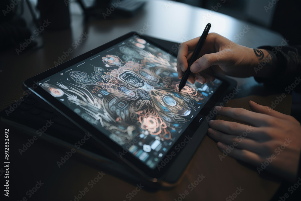© ADDICTIVE STOCK - Generative AI illustration of crop anonymous person holing stylus pen and working on graphic designs using digital tablet © ADDICTIVE STOCK - Generative AI illustration of crop anonymous person holing stylus pen and working on graphic designs using digital tablet