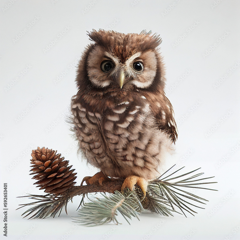 Naklejka premium Adorable baby owl holding a pine cone in a real photo on white background - Generative AI