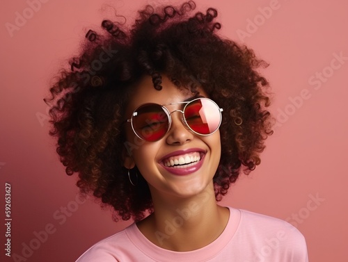 Junge afroamerikanische Frau mit Stil posiert fröhlich in pinkem Outfit auf pinkem Hintergrund, generative AI.