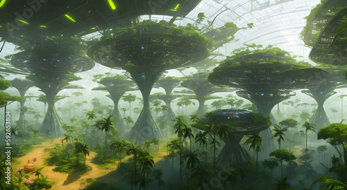 A high tech solarpunk utopia city / metropolis in the amazon in the future with rainforest, trees, palms, futuristic buildings and domes, concept art, generative ai generative ki, science fiction