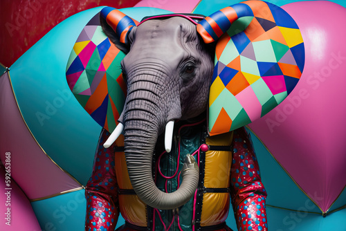 Generative AI illustration full body of elephant with colorful creative costume standing against bright background photo