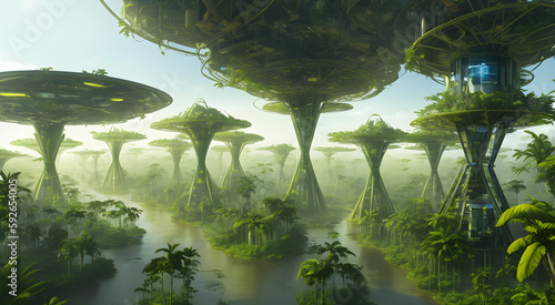 A high tech solarpunk utopia city / metropolis in the amazon in the future with rainforest, trees, palms, futuristic buildings and domes, concept art, generative ai generative ki, science fiction