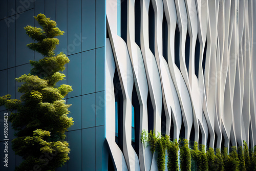 Generative AI illustration of contemporary tall building with glass windows surrounded by plants photo