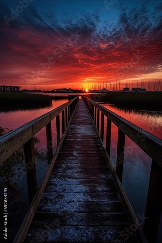 Wooden plank walkway leading to a beautiful sunset on the lake. Generative Ai.