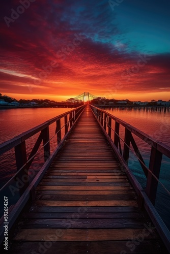 Wooden plank walkway leading to a beautiful sunset on the lake. Generative Ai.
