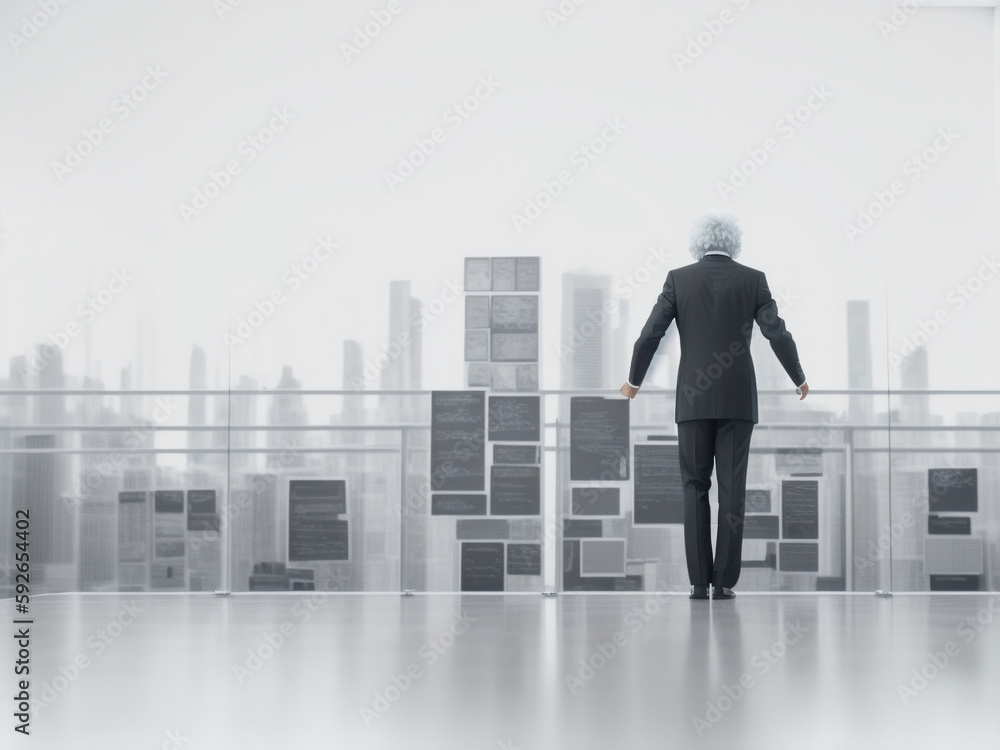 Back view of businessman looking at chalkboard with mathematical formulas on it - AI Generated Back view of businessman looking at chalkboard with mathematical formulas on it - AI Generated