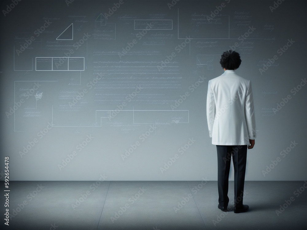 Obraz premium Back view of businessman looking at chalkboard with mathematical formulas on it - AI Generated