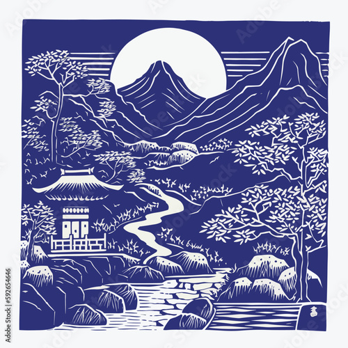 hand drawn illustration of Japan rural landscape. Linocut style