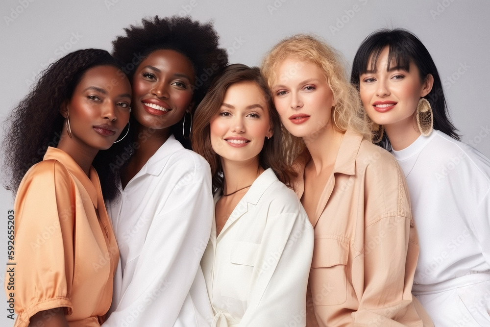 Generative AI illustration of young happy multiethnic female friends in different bright shirts smiling and looking at camera while standing together on white backdrop Generative AI illustration of young happy multiethnic female friends in different bright shirts smiling and looking at camera while standing together on white backdrop