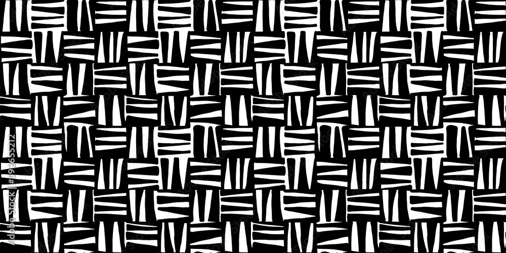 Seamless crosshatch squares basket weave pattern. Wonky hand drawn black and white checker stripes background texture. Simple abstract geometric blender motif in a trendy bold whimsical doodle style.