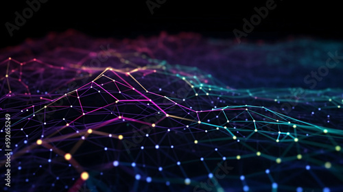 Cyber big data flow. Blockchain data fields. Network line connect stream. Concept of AI technology, digital communication, science research, 3D illustration neural cells