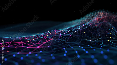 Cyber big data flow. Blockchain data fields. Network line connect stream. Concept of AI technology, digital communication, science research, 3D illustration neural cells