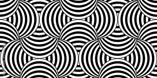 Seamless trippy psychedelic vintage mid century modern geometric striped circle pattern. Bold monochrome black and white retro surreal lines aesthetic art. Optical illusion scallop background texture.