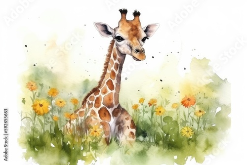 Watercolor painting of a cute baby giraffe on a blooming meadow - Generative AI