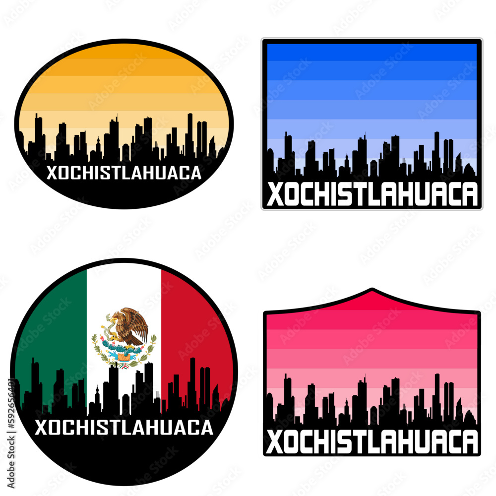 Xochistlahuaca Skyline Silhouette Mexico Flag Travel Souvenir Sticker Sunset Background Vector Illustration SVG EPS AI