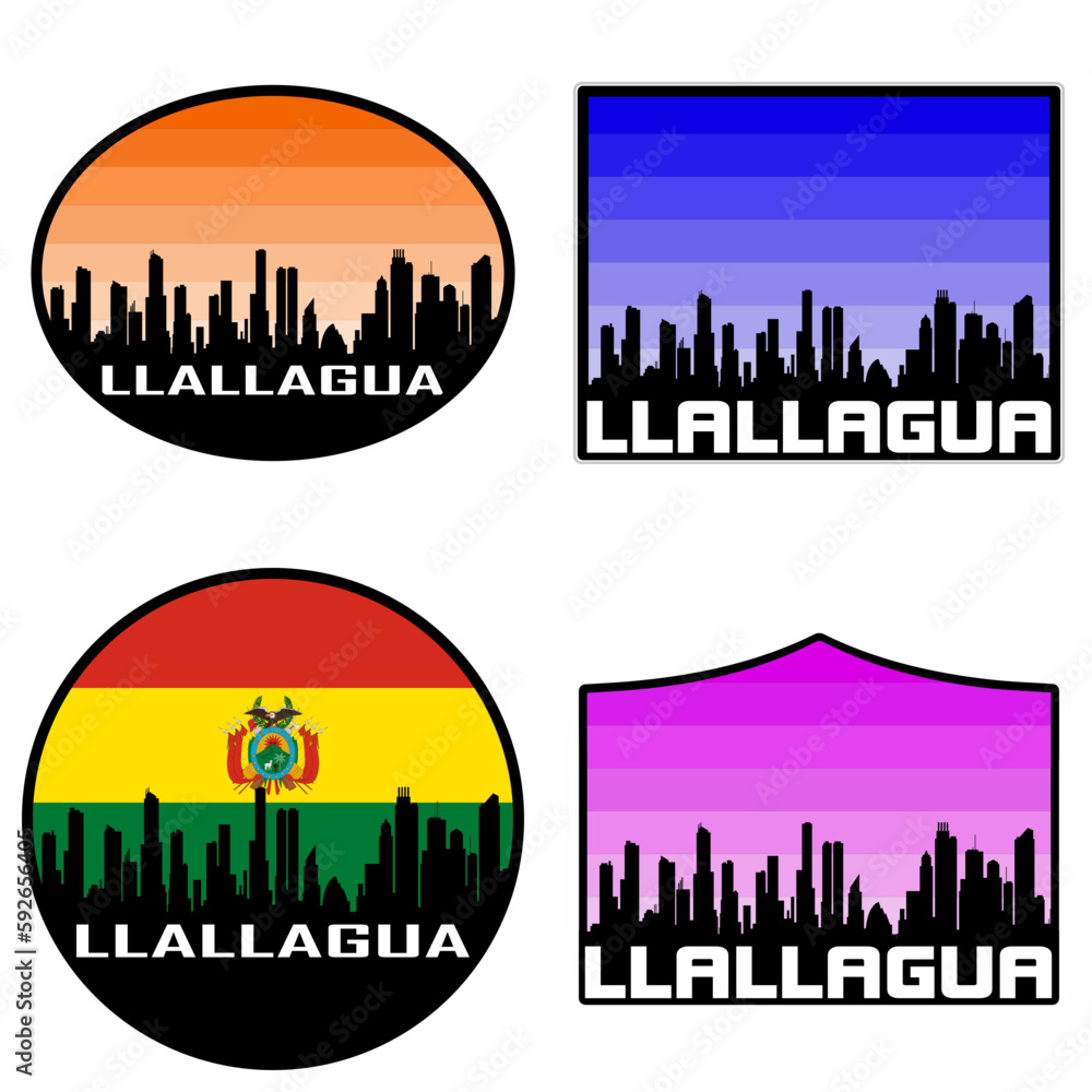 Llallagua Skyline Silhouette Bolivia Flag Travel Souvenir Sticker Sunset Background Vector Illustration SVG EPS AI