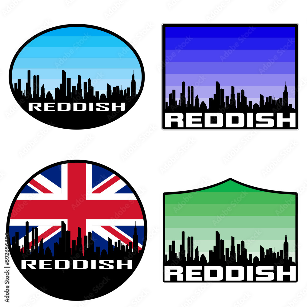 Reddish Skyline Silhouette Uk Flag Travel Souvenir Sticker Sunset Background Vector Illustration SVG EPS AI