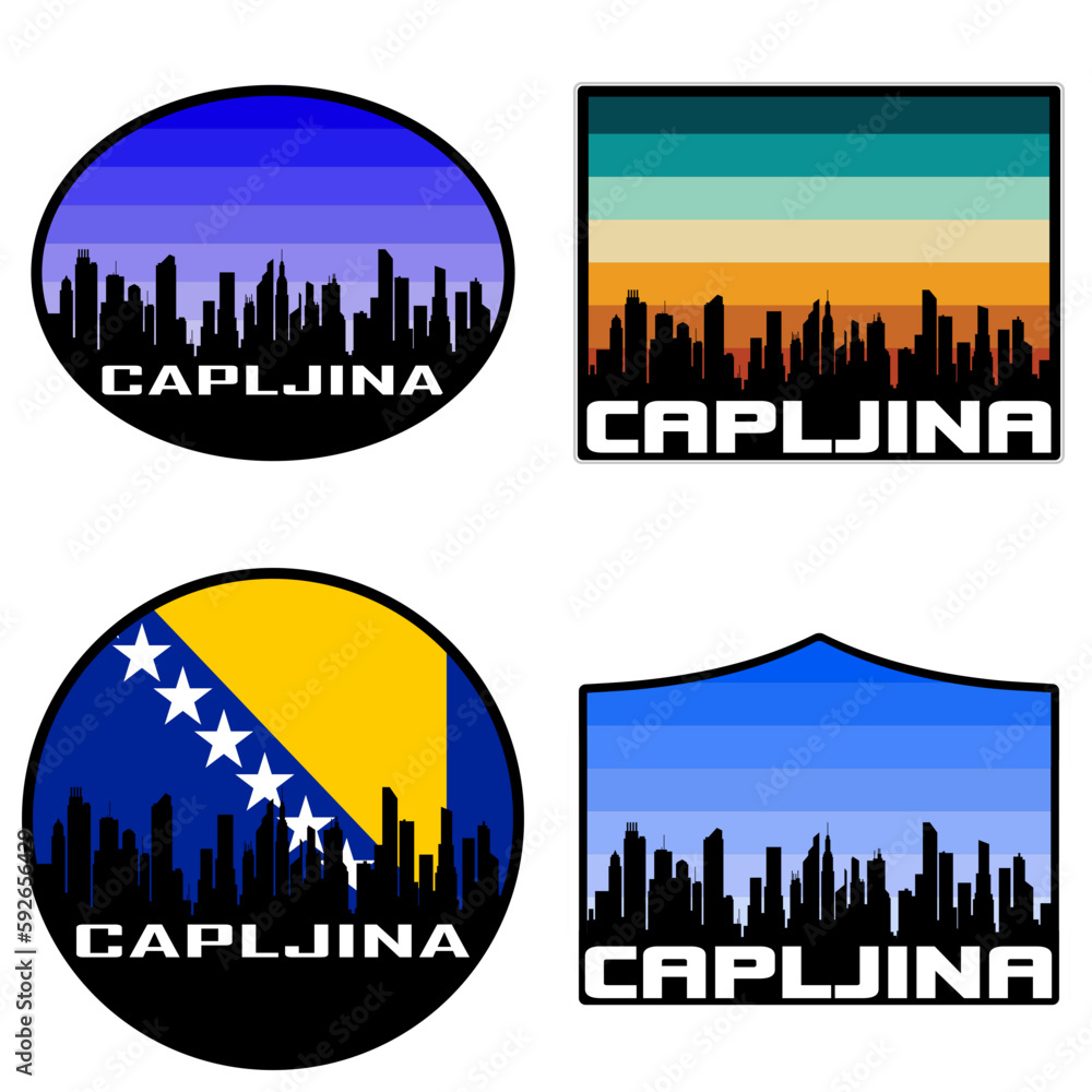 Capljina Skyline Silhouette Bosnia Flag Travel Souvenir Sticker Sunset Background Vector Illustration SVG EPS AI