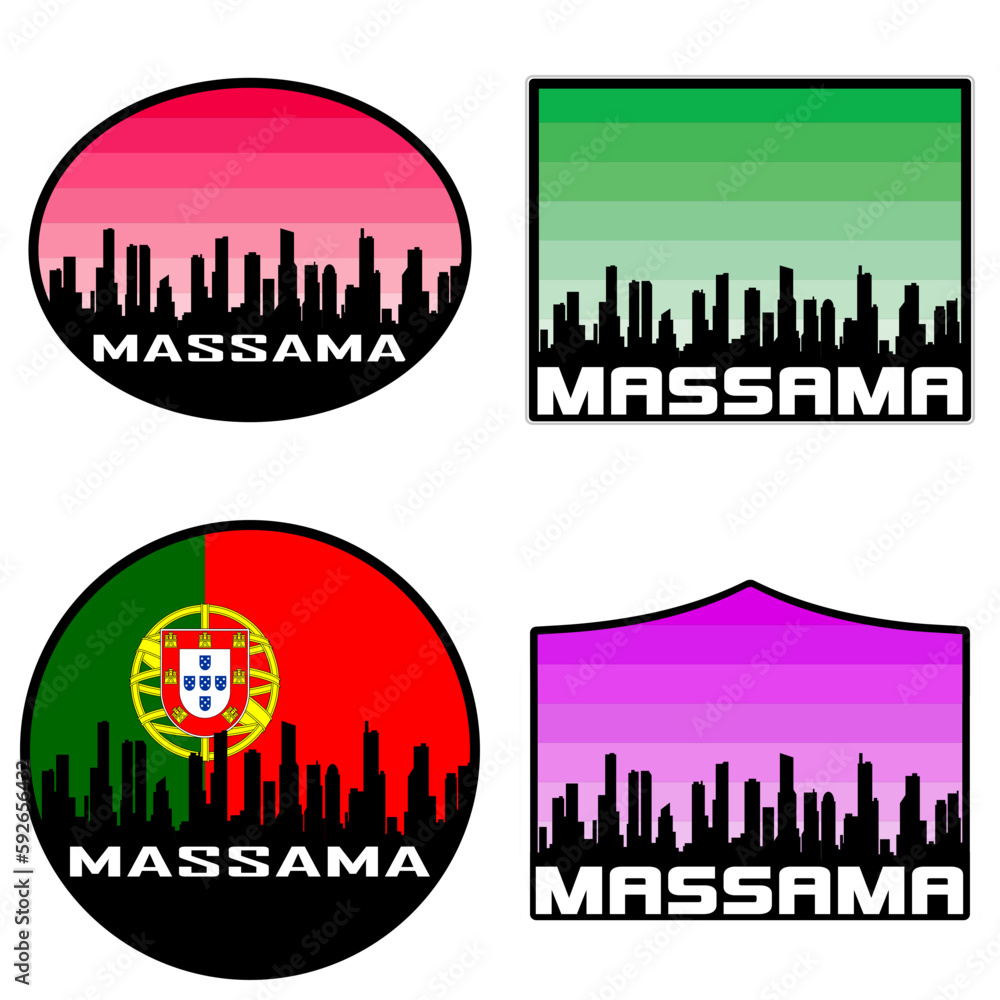 Massama Skyline Silhouette Portugal Flag Travel Souvenir Sticker Sunset Background Vector Illustration SVG EPS AI