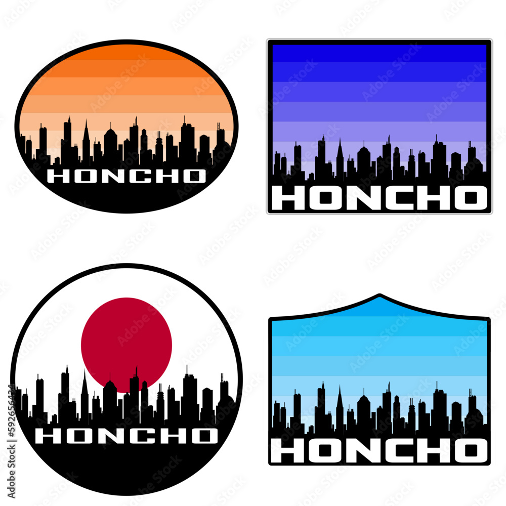 Honcho Skyline Silhouette Japan Flag Travel Souvenir Sticker Sunset Background Vector Illustration SVG EPS AI