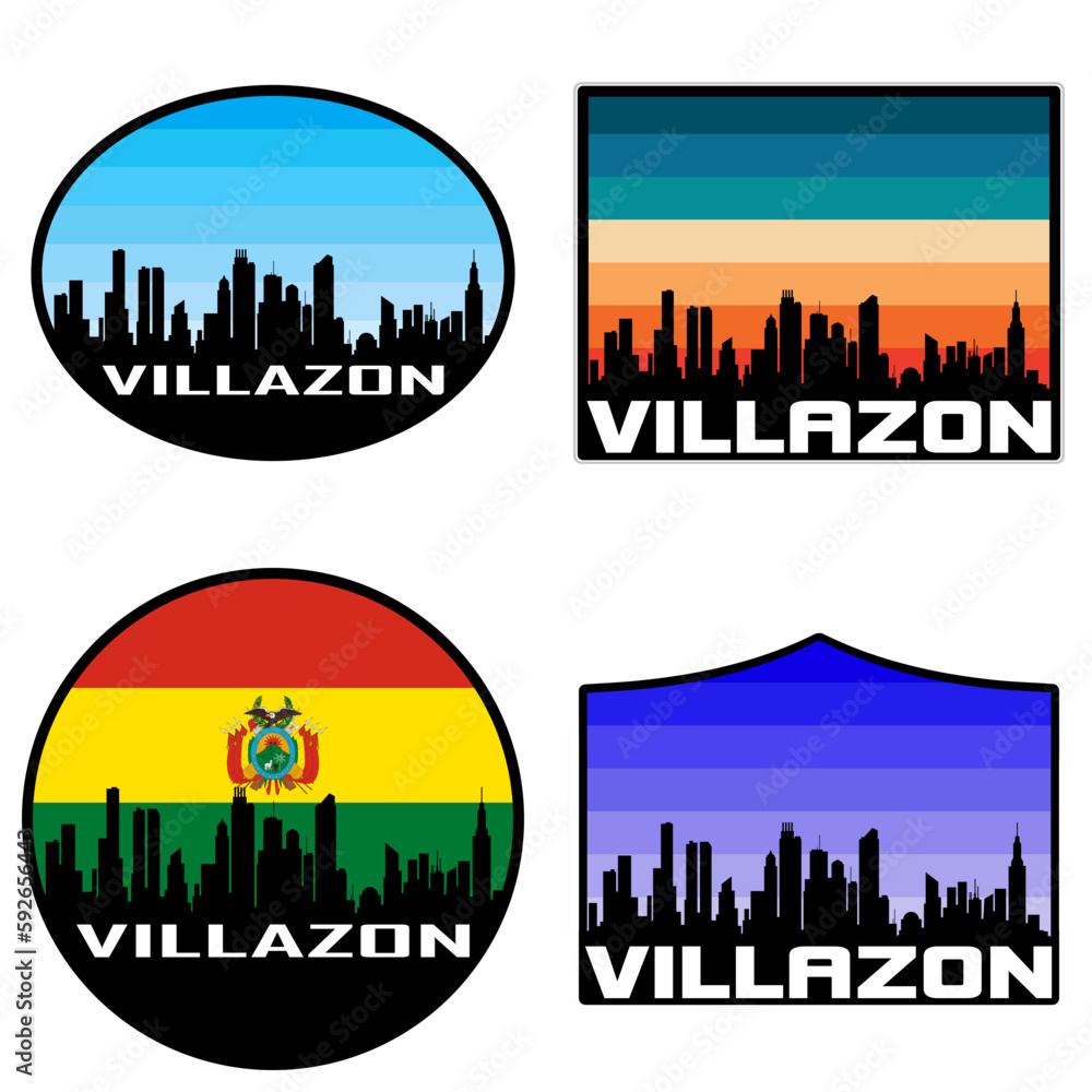 Villazon Skyline Silhouette Bolivia Flag Travel Souvenir Sticker Sunset Background Vector Illustration SVG EPS AI