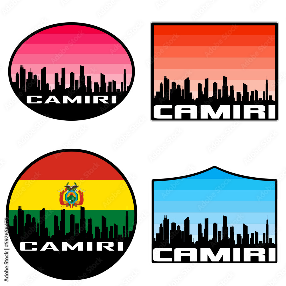 Camiri Skyline Silhouette Bolivia Flag Travel Souvenir Sticker Sunset Background Vector Illustration SVG EPS AI