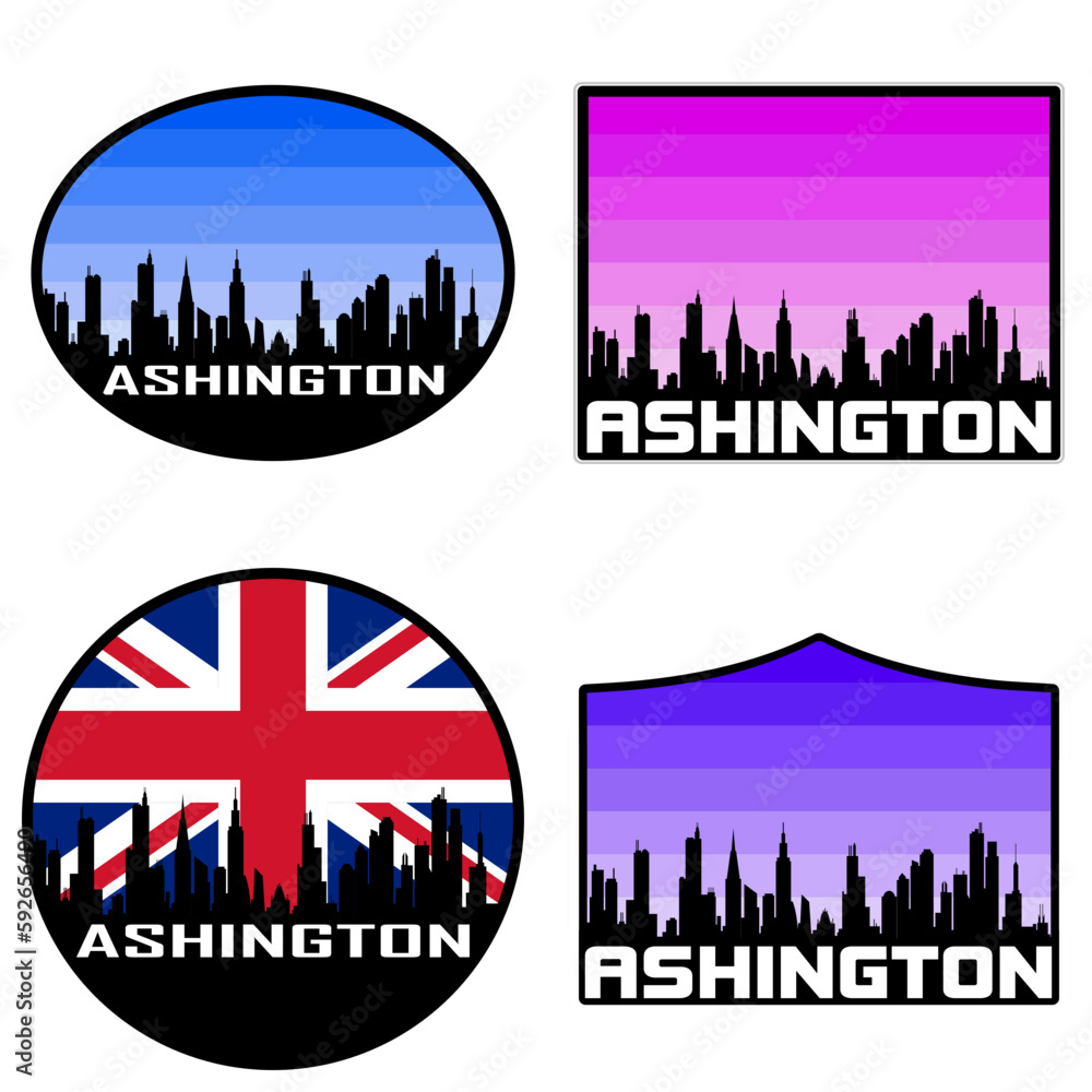 Ashington Skyline Silhouette Uk Flag Travel Souvenir Sticker Sunset Background Vector Illustration SVG EPS AI