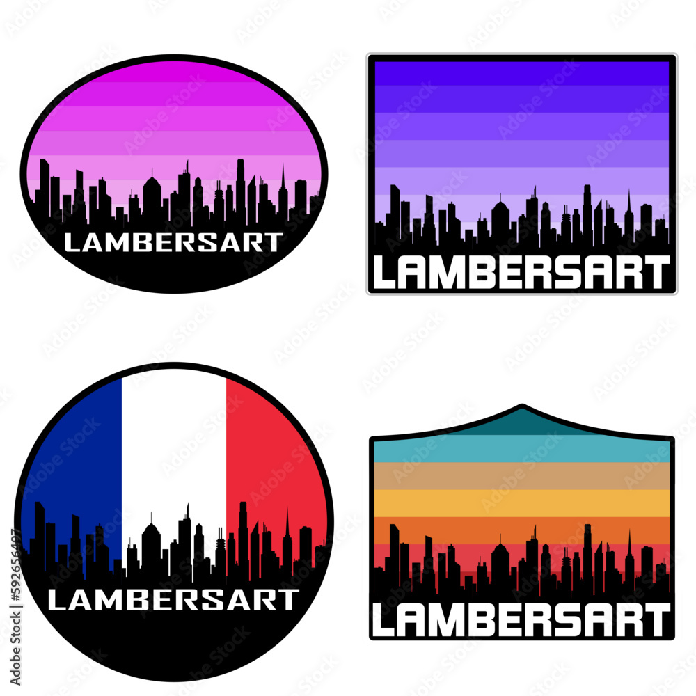 Lambersart Skyline Silhouette France Flag Travel Souvenir Sticker Sunset Background Vector Illustration SVG EPS AI