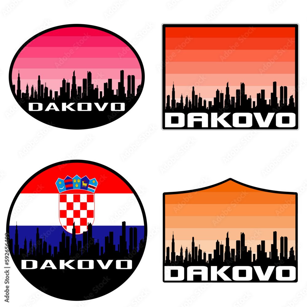 Dakovo Skyline Silhouette Croatia Flag Travel Souvenir Sticker Sunset Background Vector Illustration SVG EPS AI