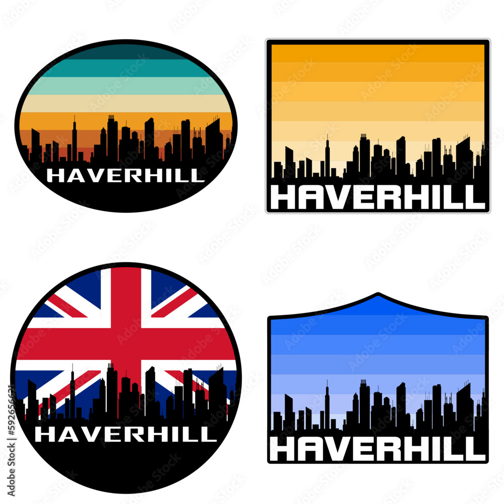Haverhill Skyline Silhouette Uk Flag Travel Souvenir Sticker Sunset Background Vector Illustration SVG EPS AI