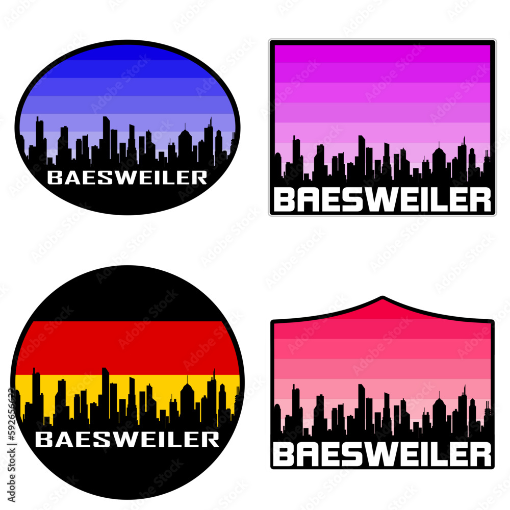 Baesweiler Skyline Silhouette Germany Flag Travel Souvenir Sticker Sunset Background Vector Illustration SVG EPS AI