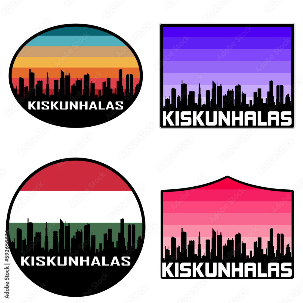 Kiskunhalas Skyline Silhouette Hungary Flag Travel Souvenir Sticker Sunset Background Vector Illustration SVG EPS AI