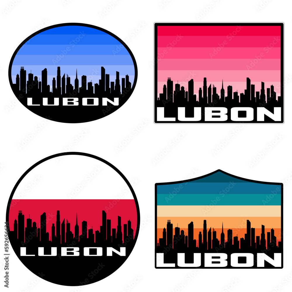 Lubon Skyline Silhouette Poland Flag Travel Souvenir Sticker Sunset Background Vector Illustration SVG EPS AI