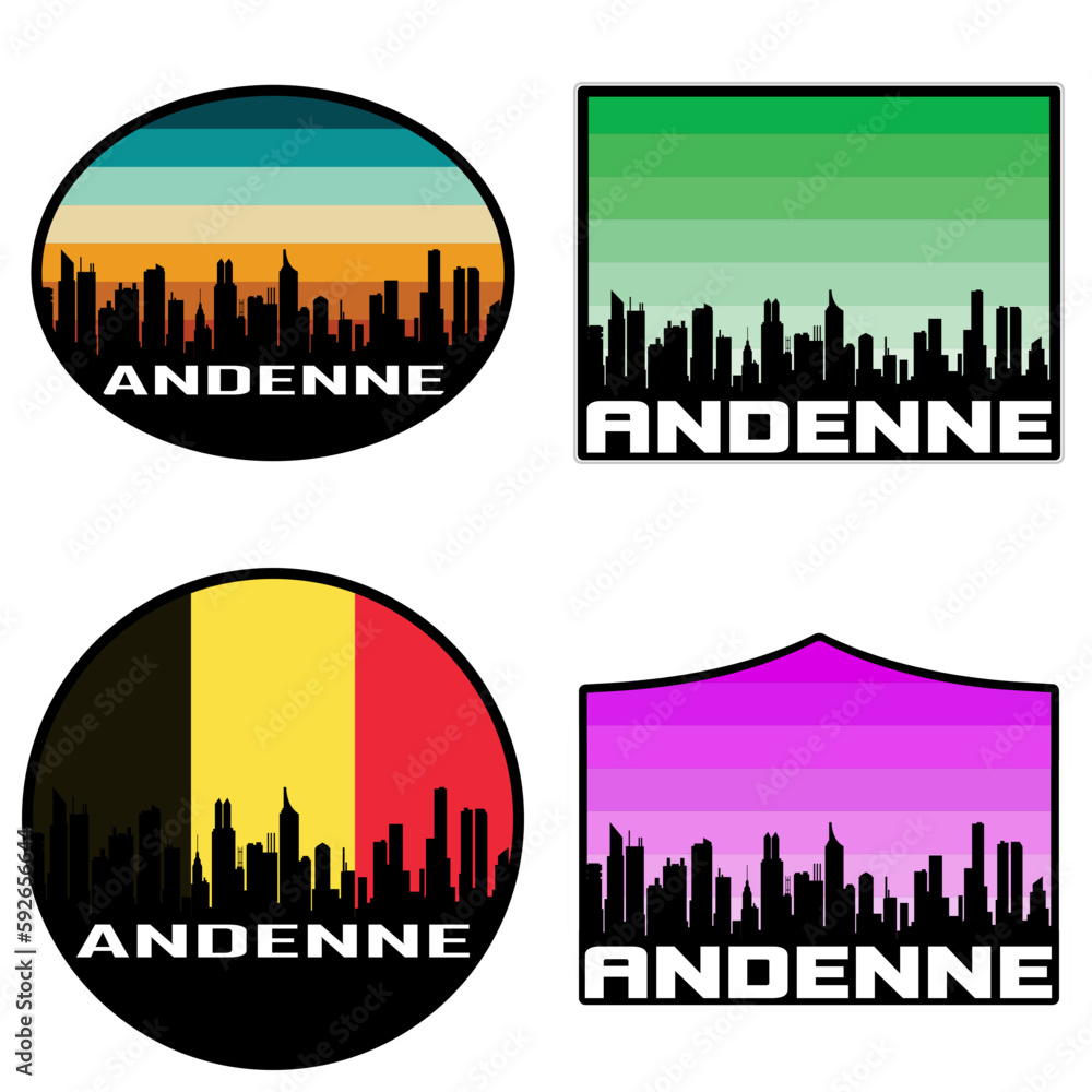 Andenne Skyline Silhouette Belgium Flag Travel Souvenir Sticker Sunset Background Vector Illustration SVG EPS AI